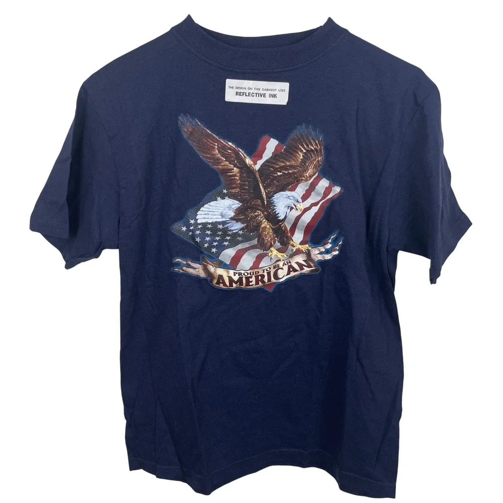 Route 66 Kids T Shirt Eagle American Flag Reflective Ink Size 10 12 Navy Blue